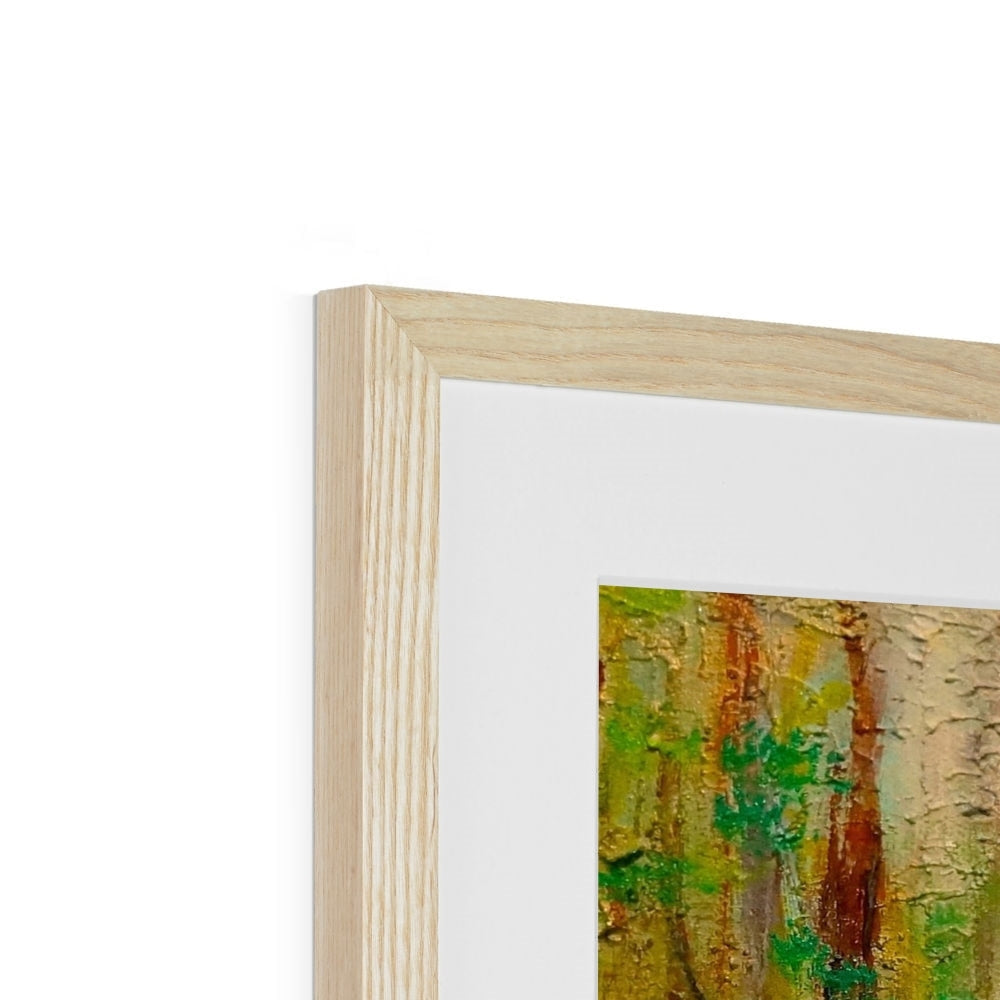 Light wood picture frame with white mat displaying vibrant textured Highland Bluebells oil painting