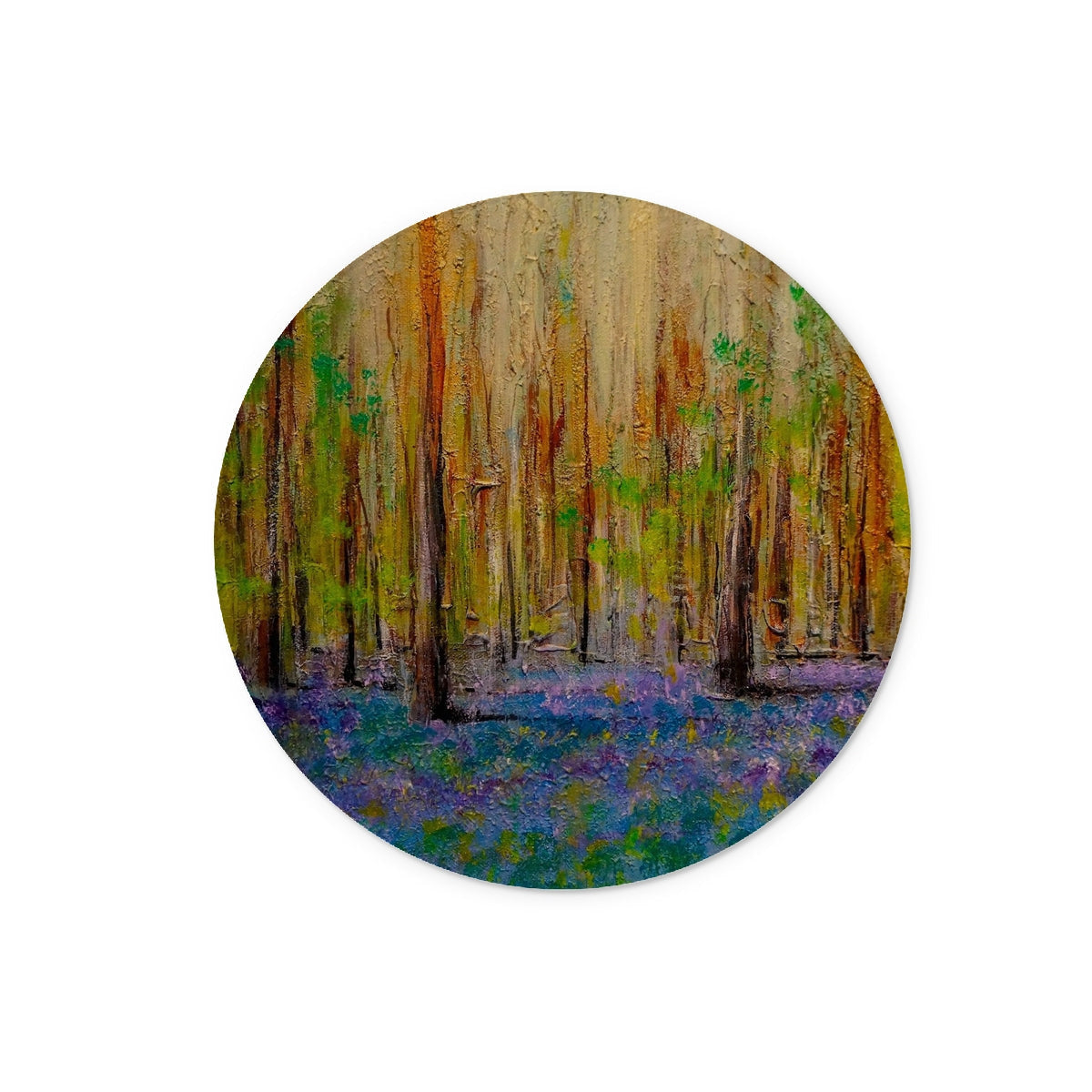 Circular painting of a Bluebell wood on Highland Bluebells Glass Chopping Board
