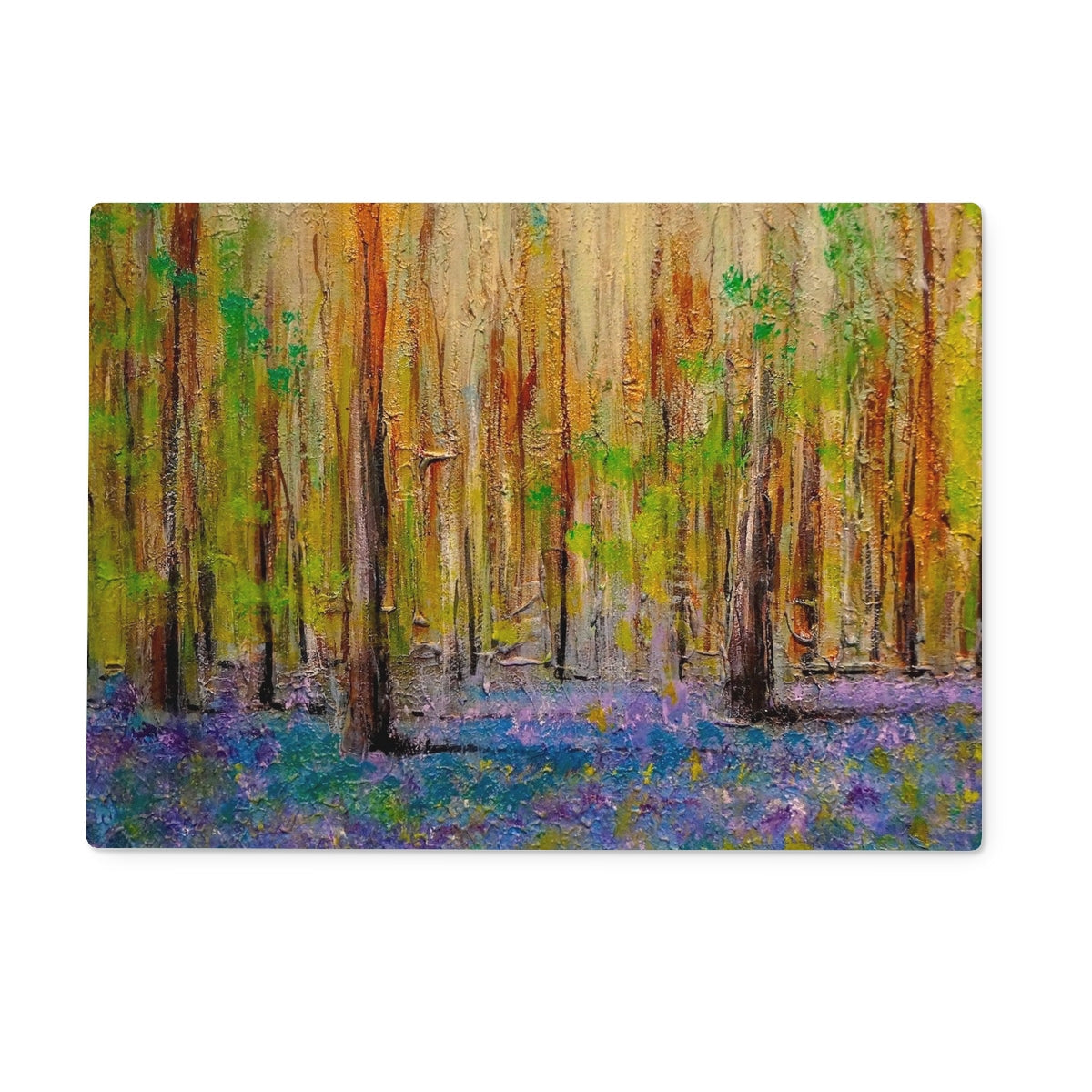 Textured painting of a forest with bluebell flowers on Highland Bluebells Glass Chopping Board