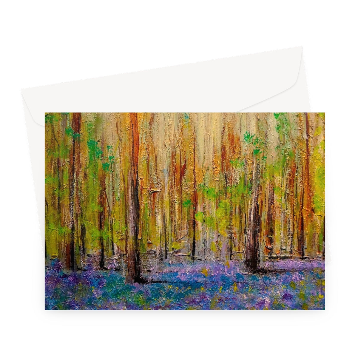 Highland Bluebells greeting card with purple flowers and golden trees