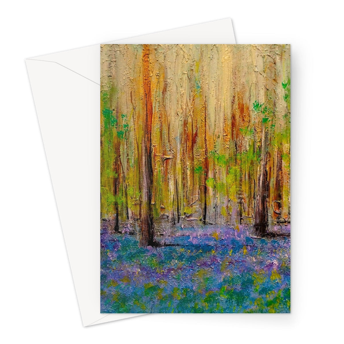 Highland Bluebells greeting card with textured impressionistic bluebell forest