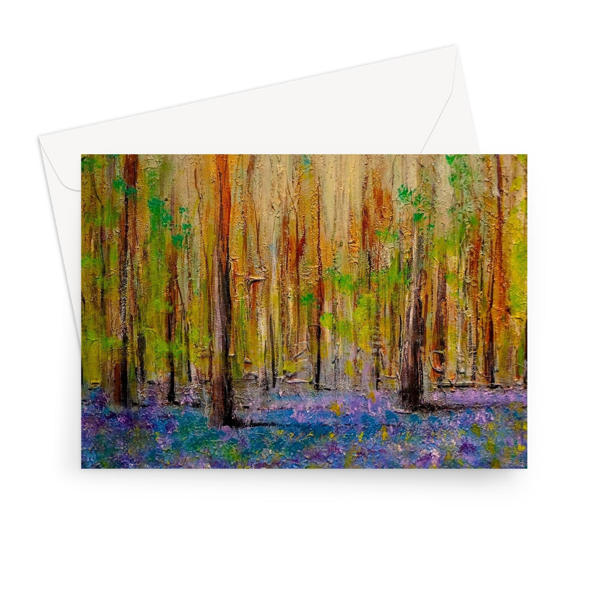 Highland Bluebells greeting card with vibrant purple flowers and green foliage