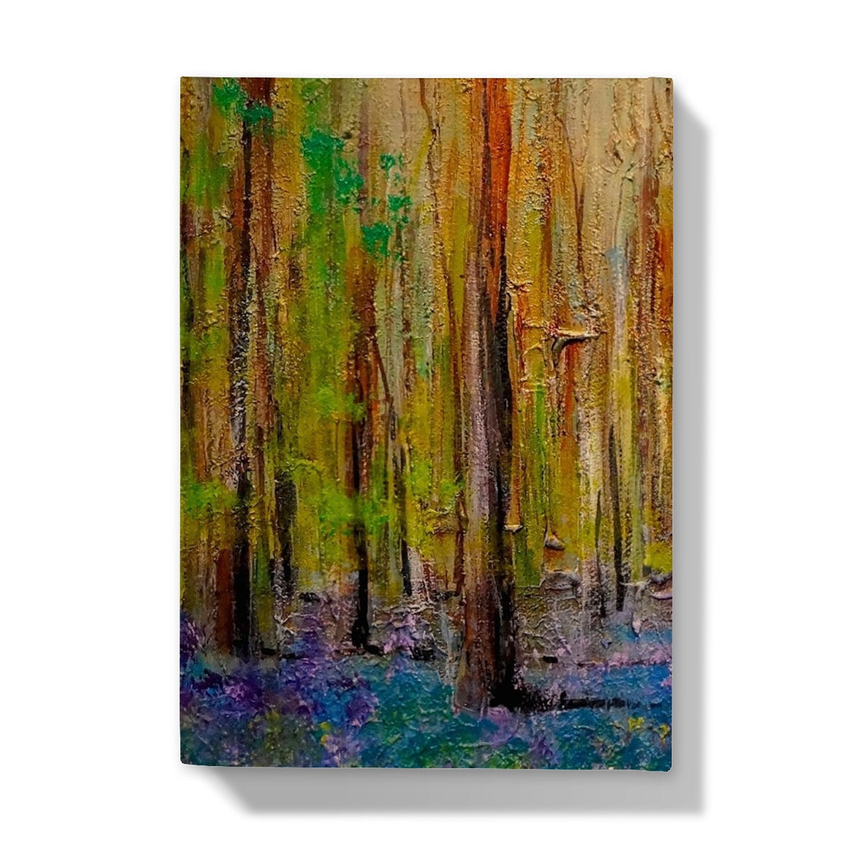Highland Bluebells journal with textured forest wall art in vibrant hues