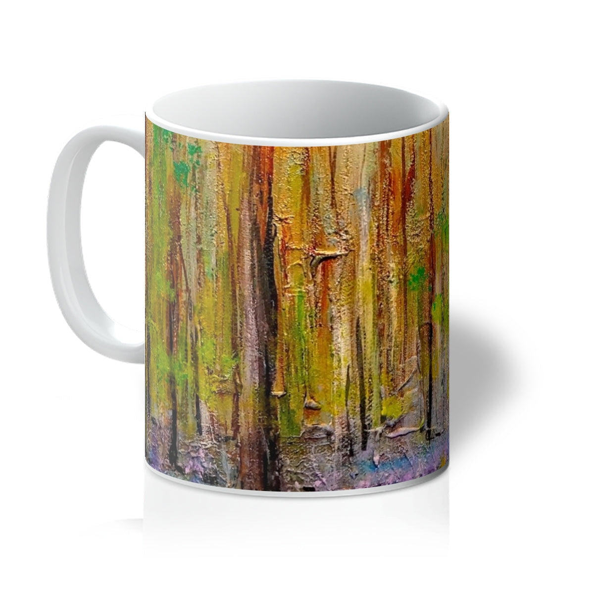 White ceramic Highland Bluebells Mug featuring an abstract forest painting