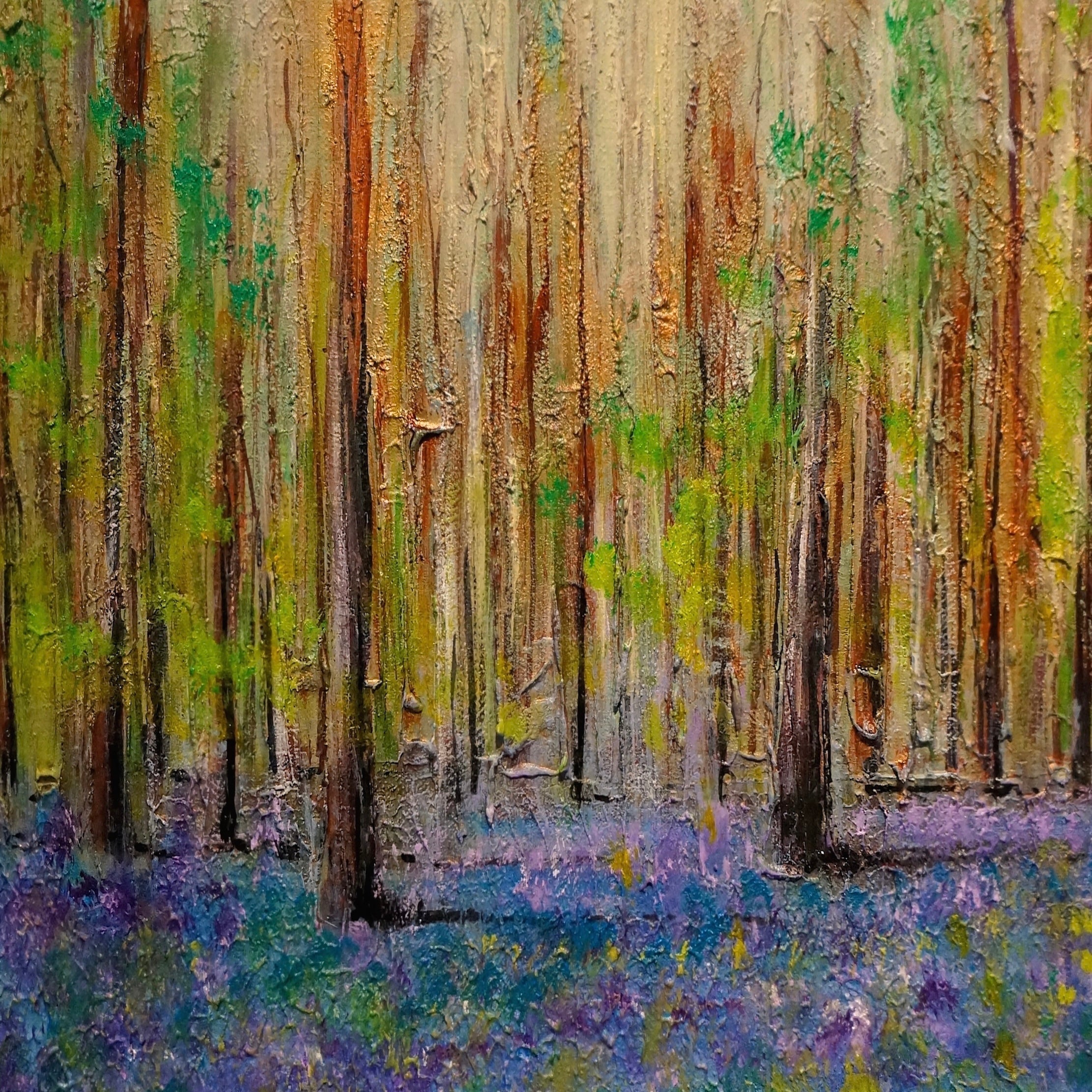 Impressionistic Highland Bluebells Original Painting of a forest scene with bluebells