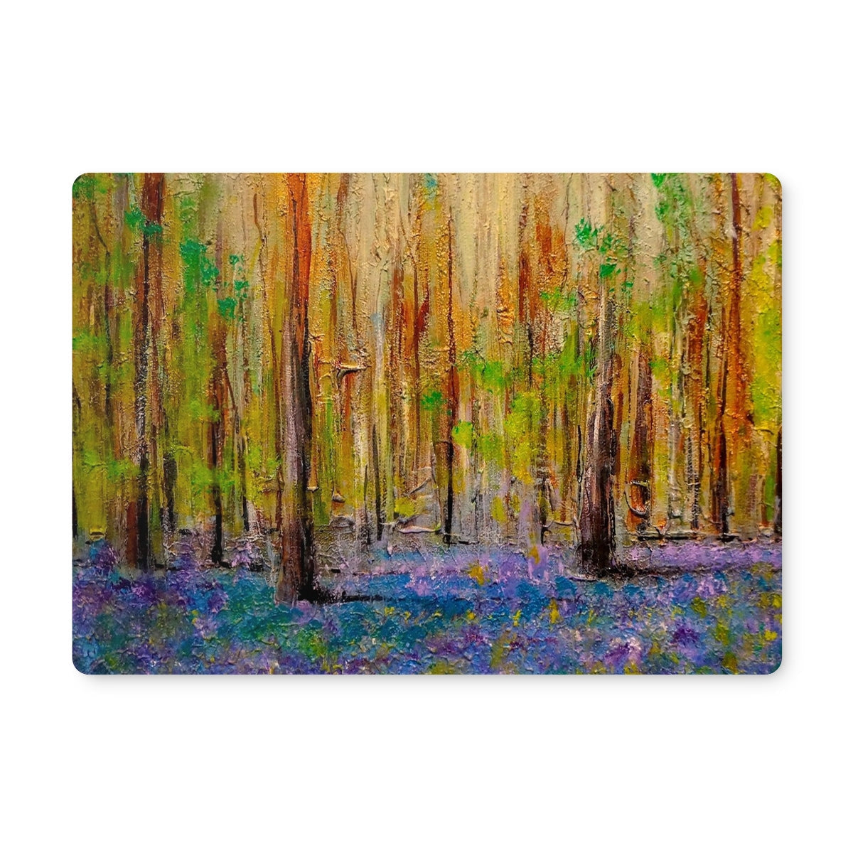 Vibrant forest scene wall art print with textured bluebells for Highland placemat