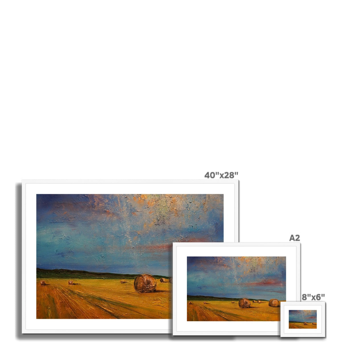 40x28 inch framed Highland Hay Bales landscape painting with golden hay bales and vibrant sunset sky