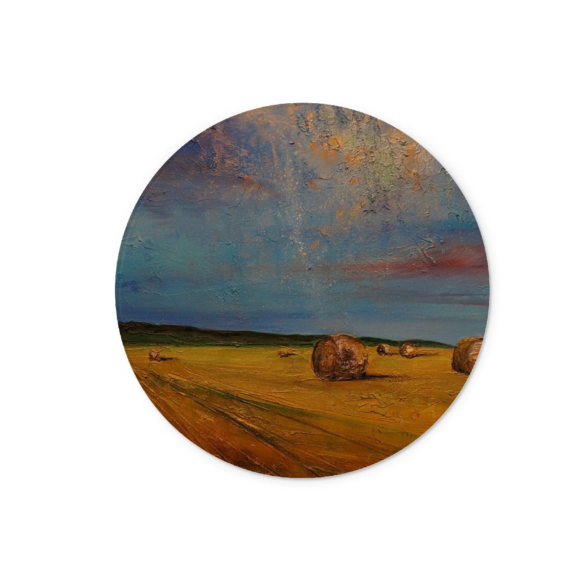 Rustic golden hay bale coaster set on Highland Hay Bales glass chopping board