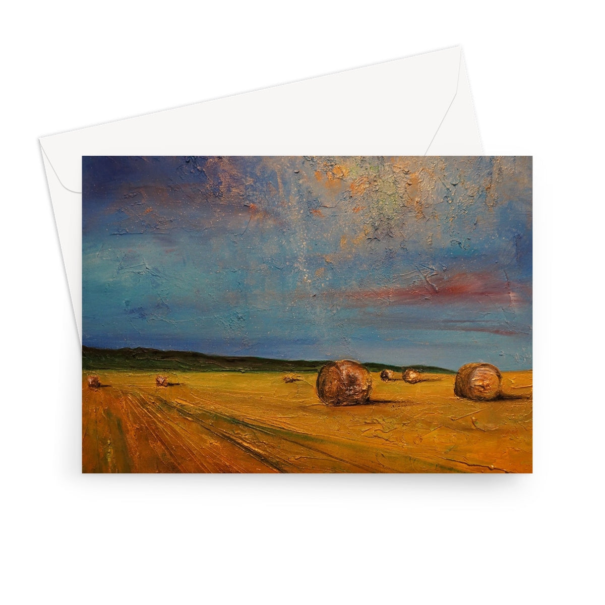 Golden hay bale cardholder with textured surface and white envelope