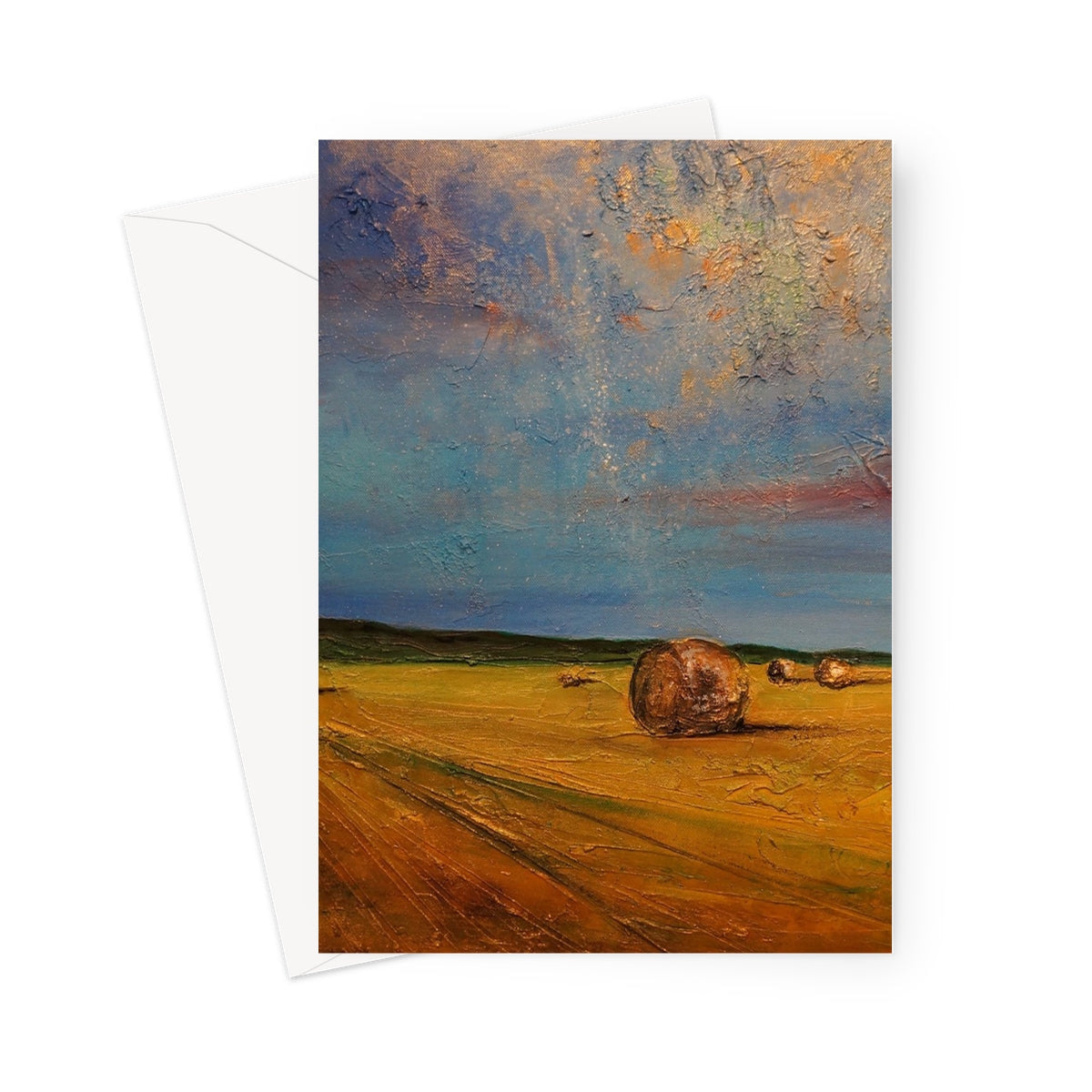 Golden hay bale cardholder with textured rustic charm in Highland Hay Bales Greeting Card