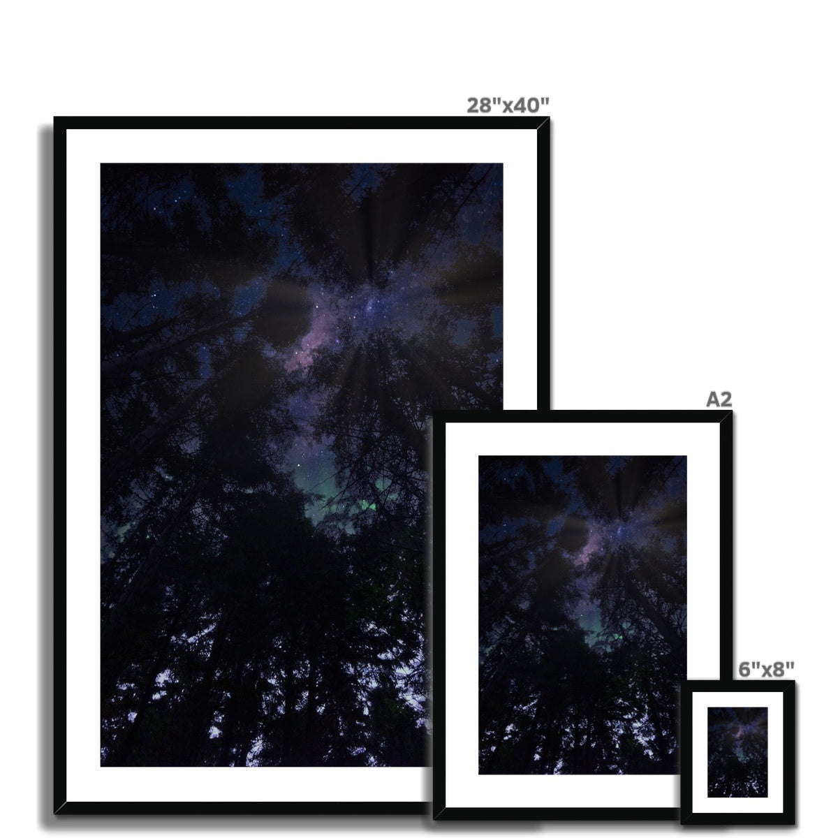 28x40 framed Highland Wood Starlight night sky print in purple blue hues black frame