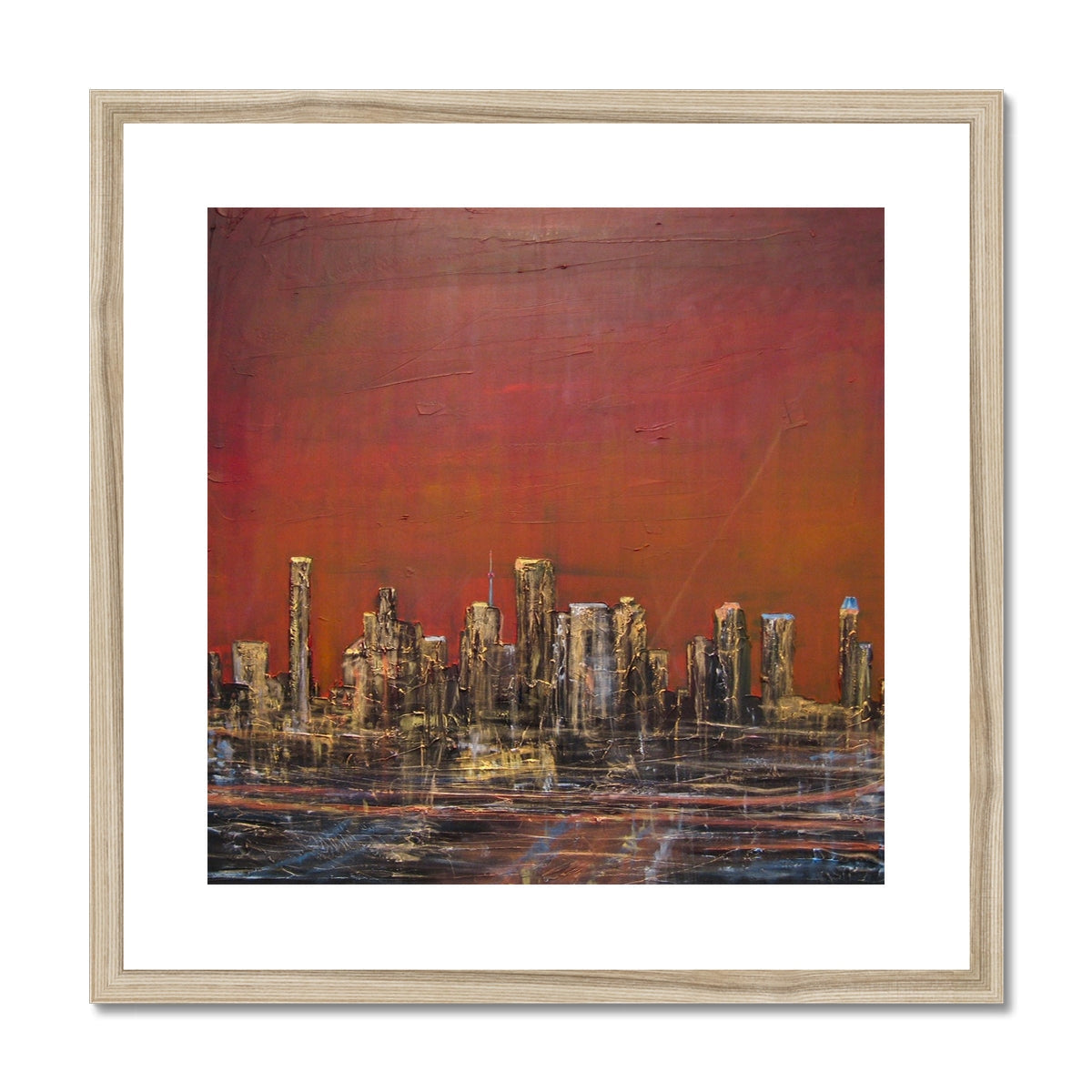 Abstract Houston Texas cityscape art print in wooden frame with red orange hues