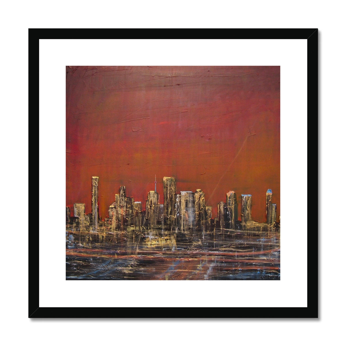 Black framed abstract Houston Texas cityscape art print with red orange sky