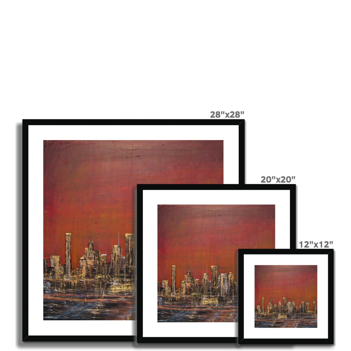 28x28 Framed Houston Texas Cityscape Art Print with Red Orange Gradient and Illuminated Skyscrapers