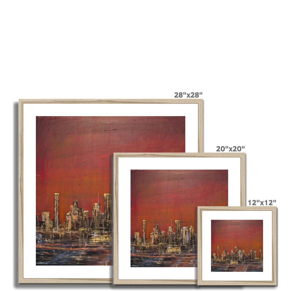28x28 Framed Houston Texas Cityscape Art Print with Vibrant Red Orange Gradient Sky and Gold Skyscrapers