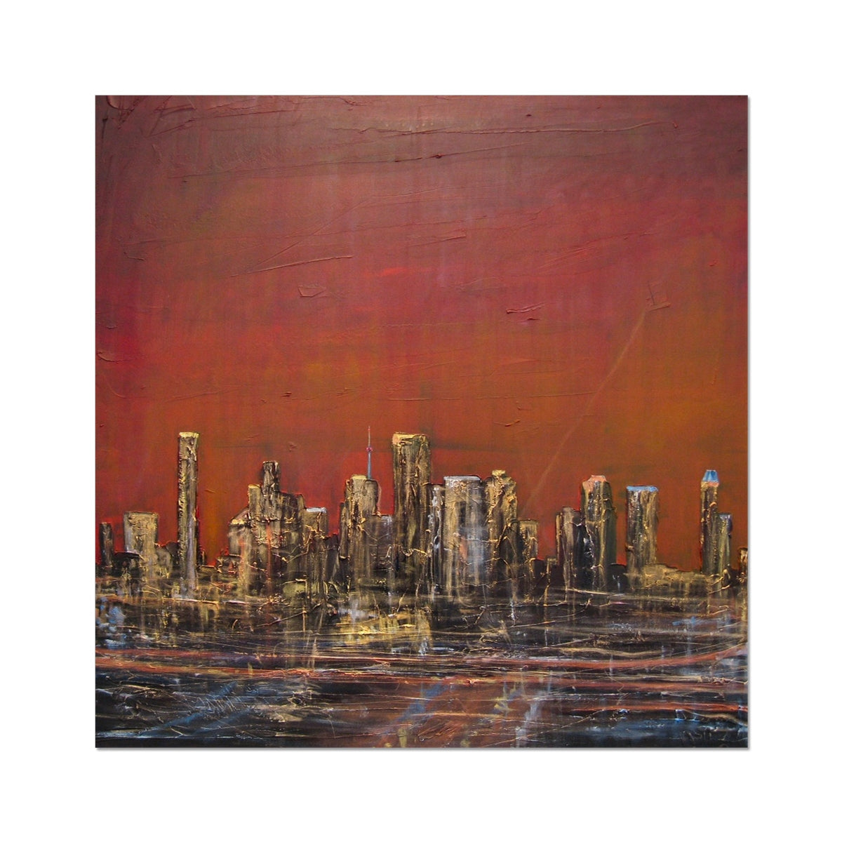 Modern Houston Texas cityscape art print in vibrant red orange hues