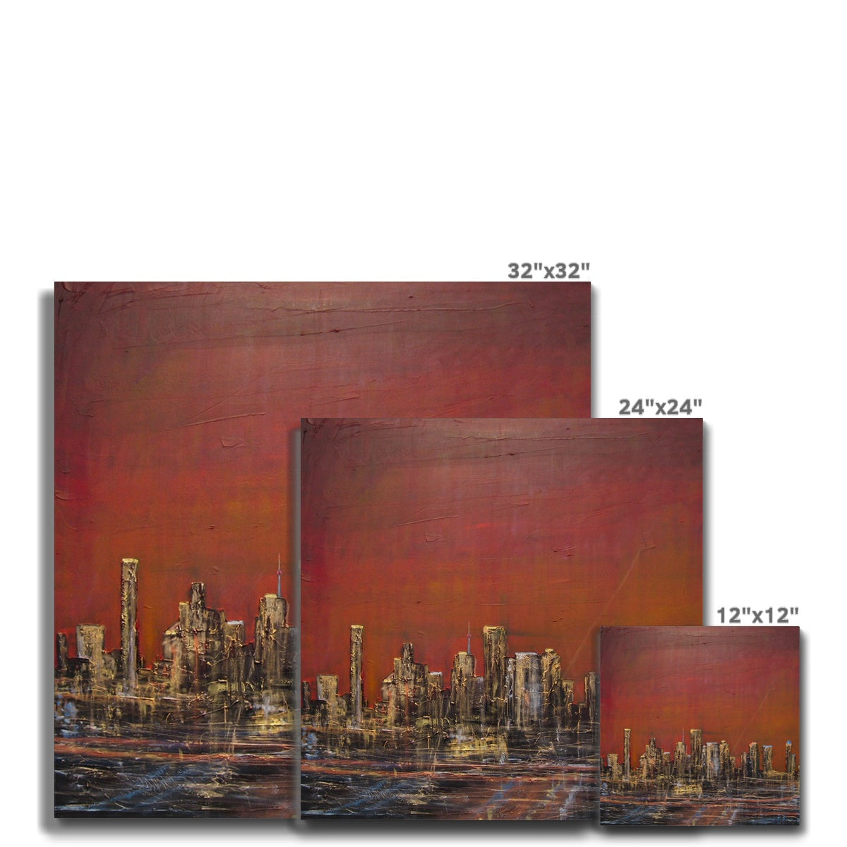 32x32 inch Houston Texas canvas print: vibrant red orange sky with abstract black wireframe skyscrapers