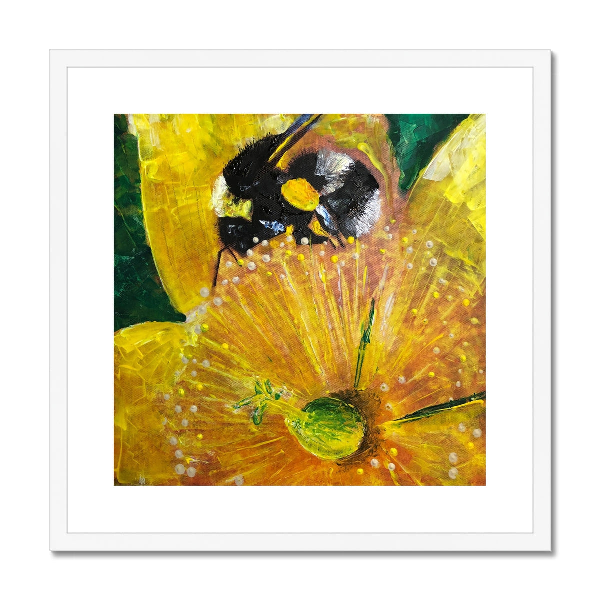 Yellow and black floral Hypericum bee print in white frame
