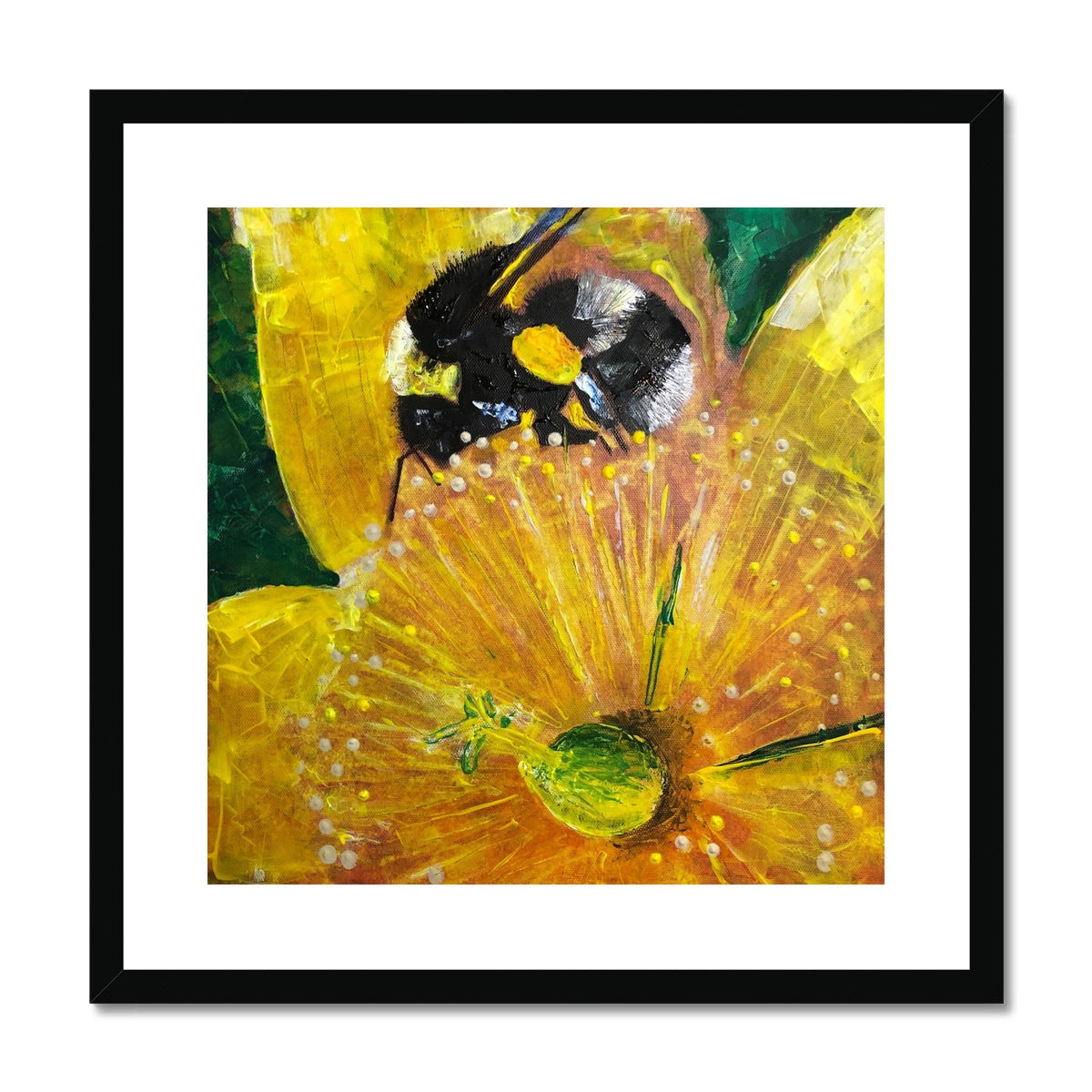Yellow and black floral bee art print titled The Hypericum and The Bee