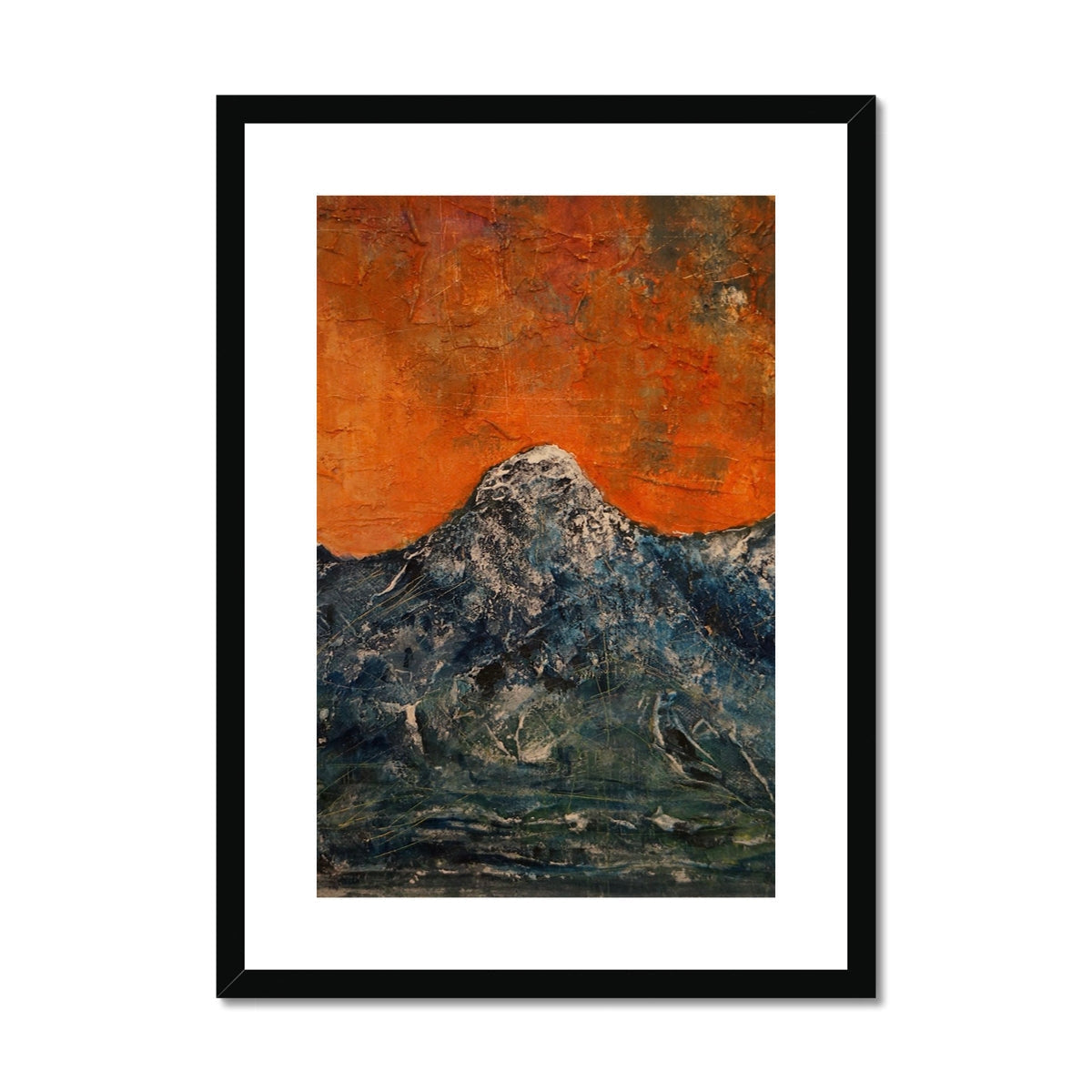 Black framed Impressions Of Glencoe art print with orange sky and gray mountains