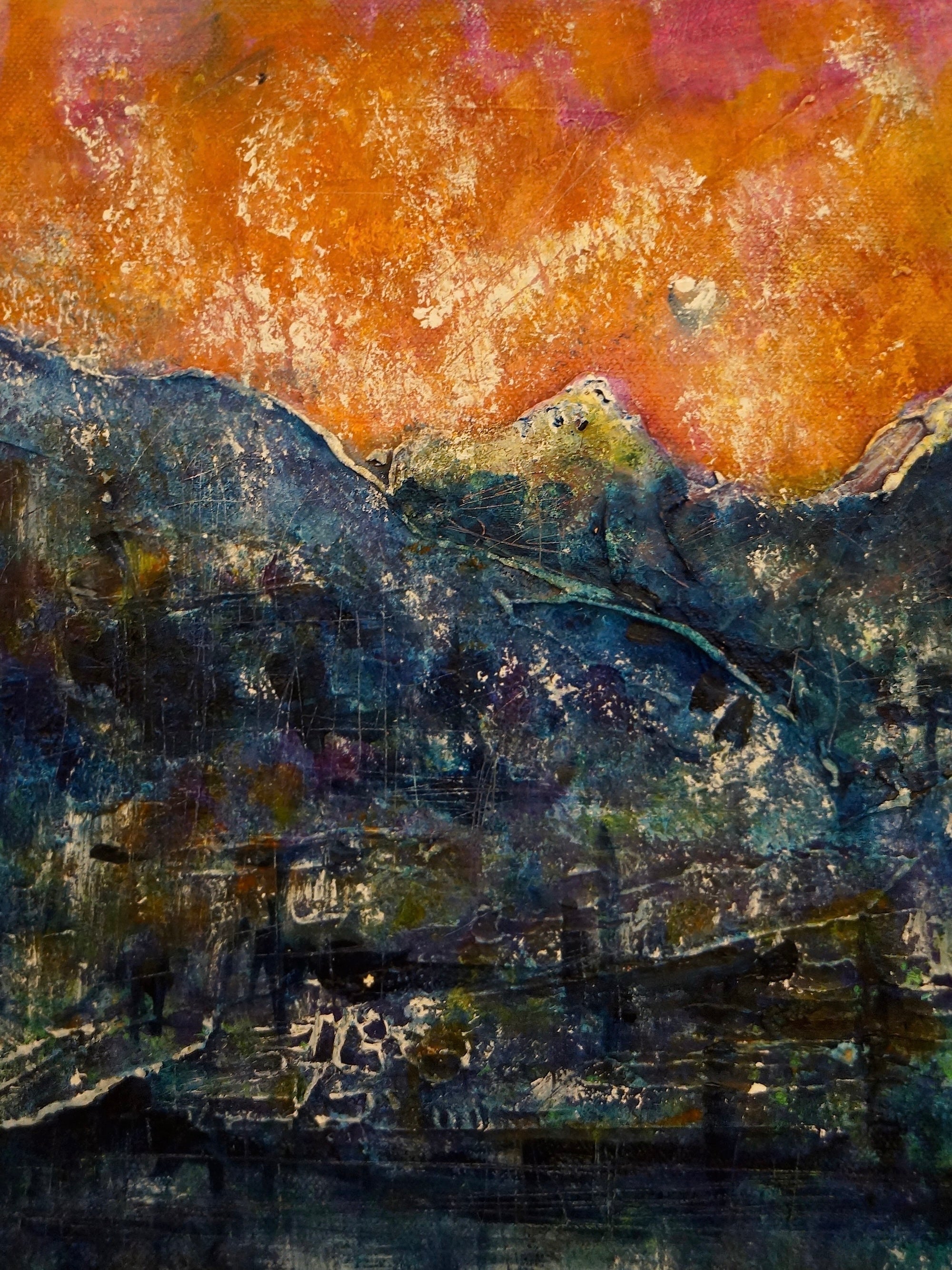 Textured abstract painting of Glencoe mountain landscape under orange and pink sky