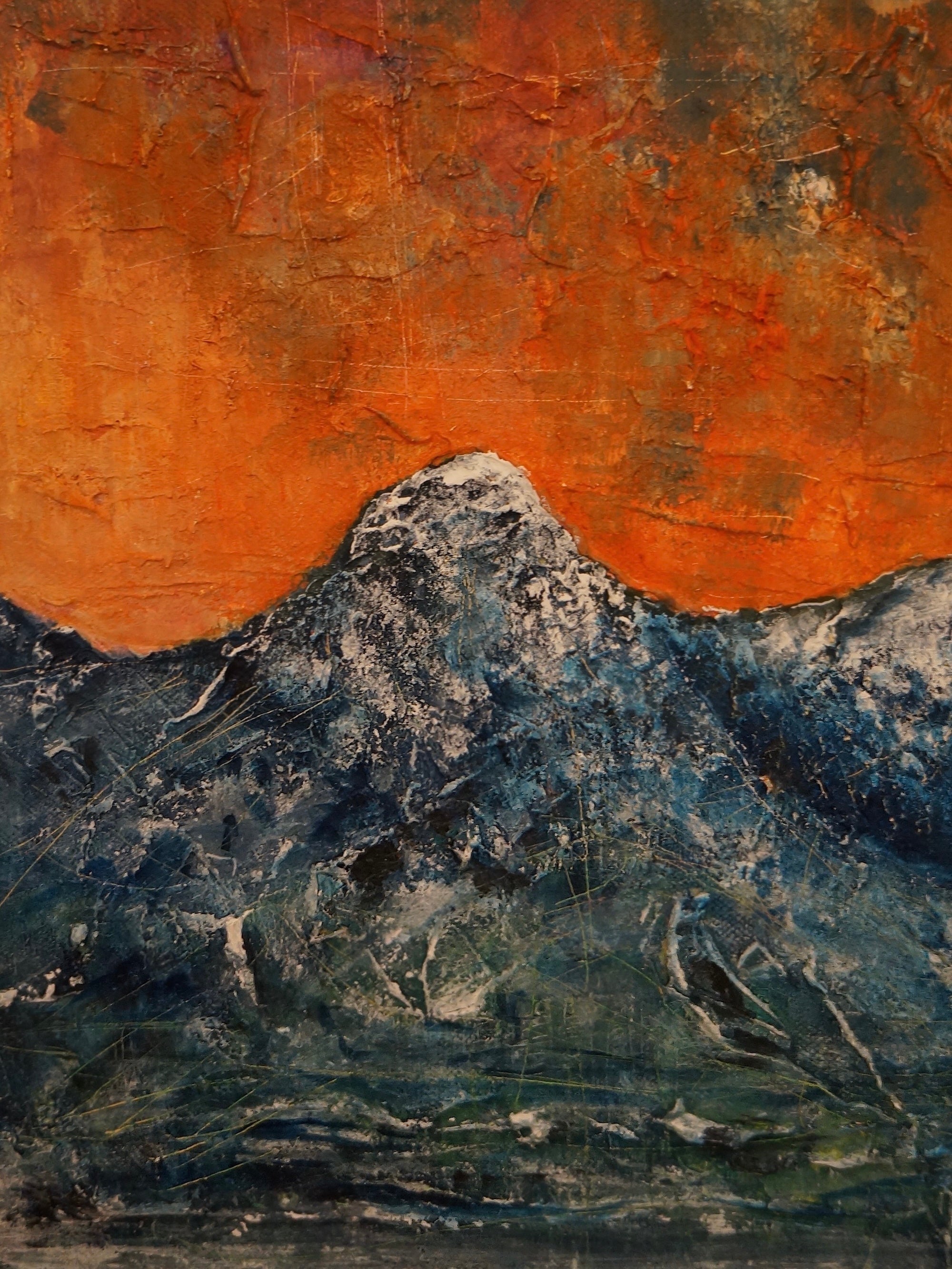 Abstract painting of a snow-capped Mountain under an orange sky in Impressions Of Glencoe Original Painting