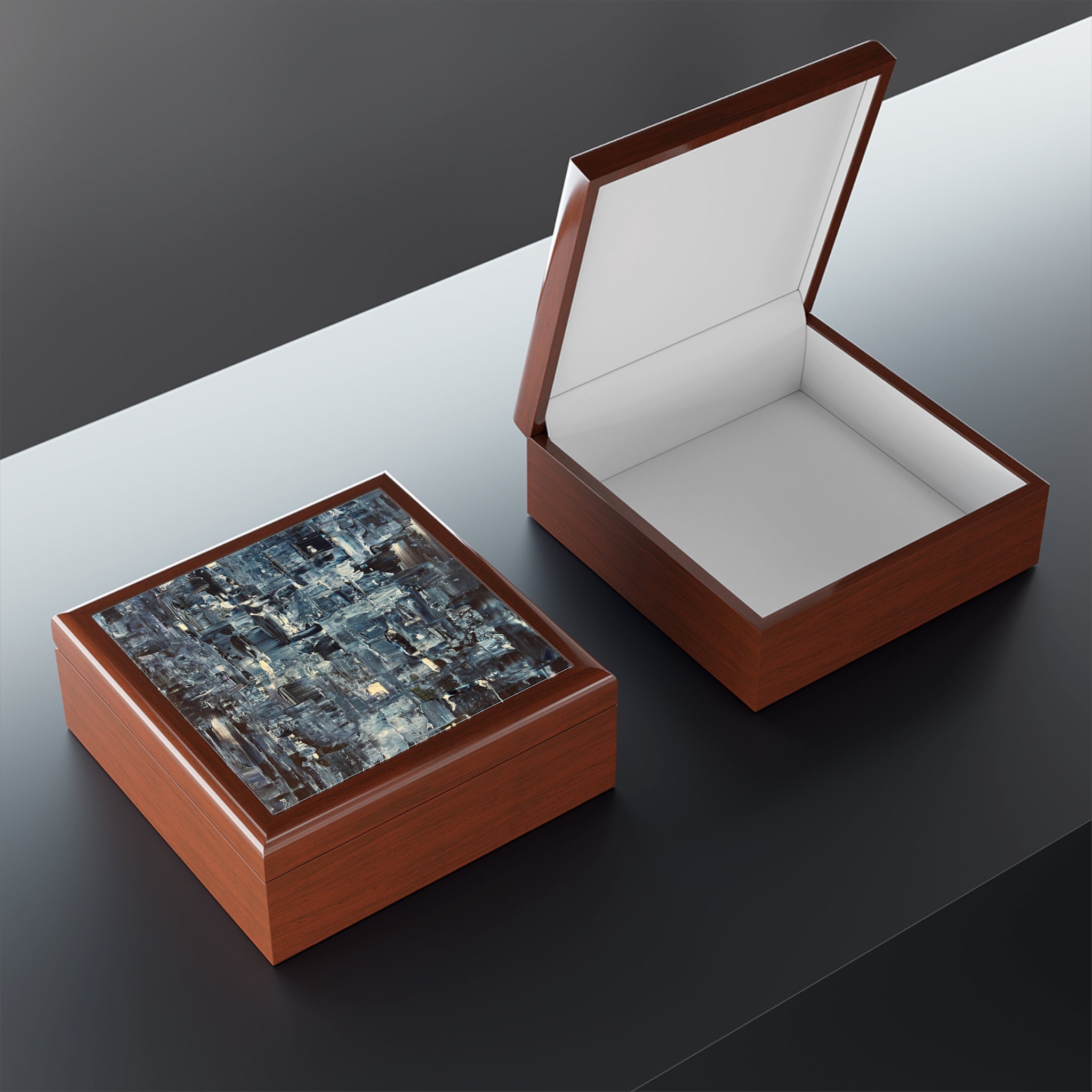 Elegant wooden Inception Art Jewellery Box from Scotland with open and closed designs