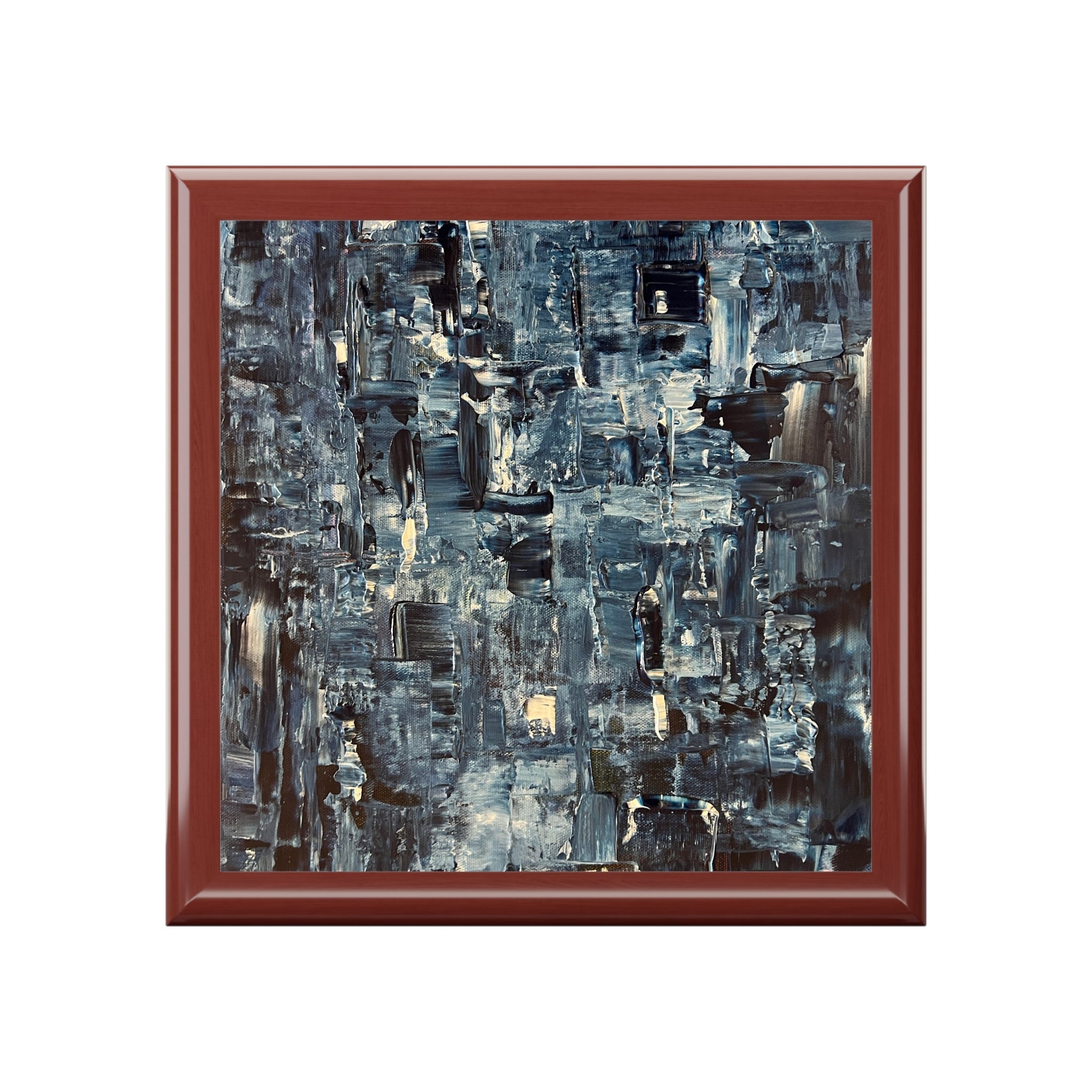 Square abstract painting with dark blue grey and white brushstrokes in a dark reddish-brown wooden frame