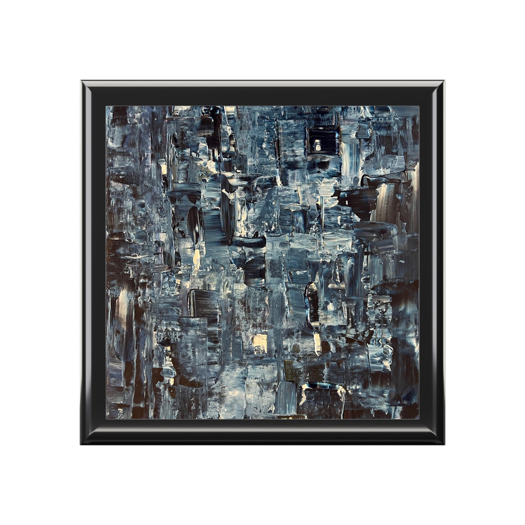 Abstract cityscape painting in black frame with cool gray blue and white impasto brushstrokes for Inception Art Jewellery Box Scotland