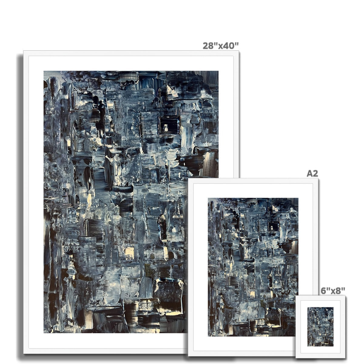 Abstract black and white Inception Art Prints with textured brushstrokes in white frame