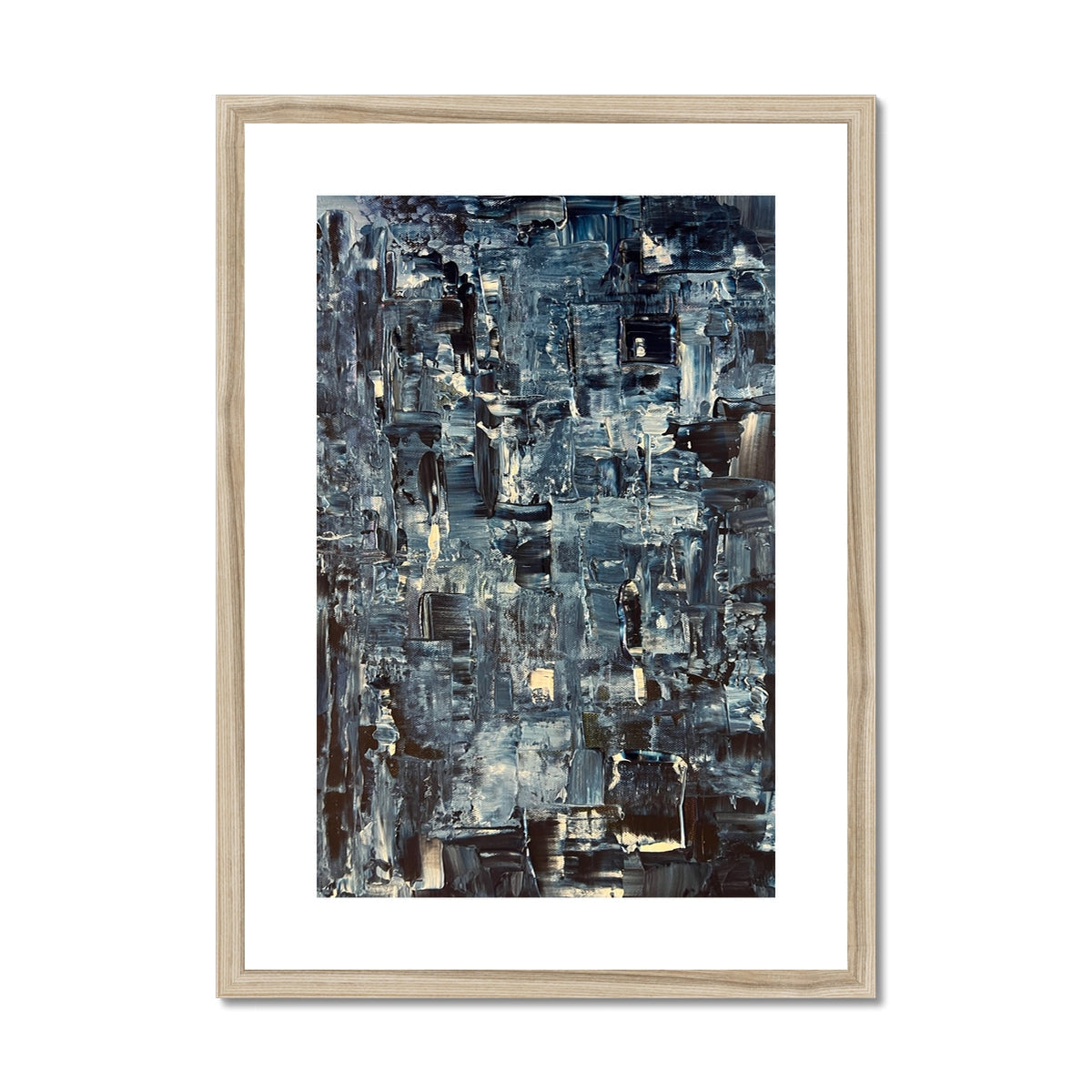 Inception Art Prints: minimalist wooden-framed abstract in dark blue and gray