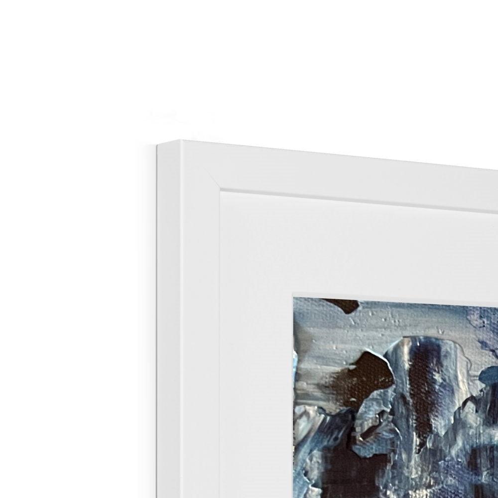 White framed abstract Inception Art Prints with textured surface and dark accents