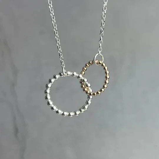 Silver and gold beaded interlocking circle pendant necklace by Lindsay Mcdowall Jewellery