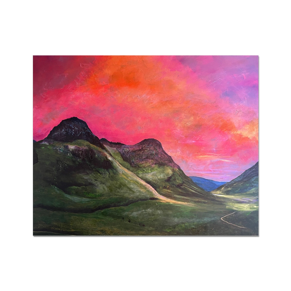 Pink and purple sunset over Glencoe mountains artist proof print