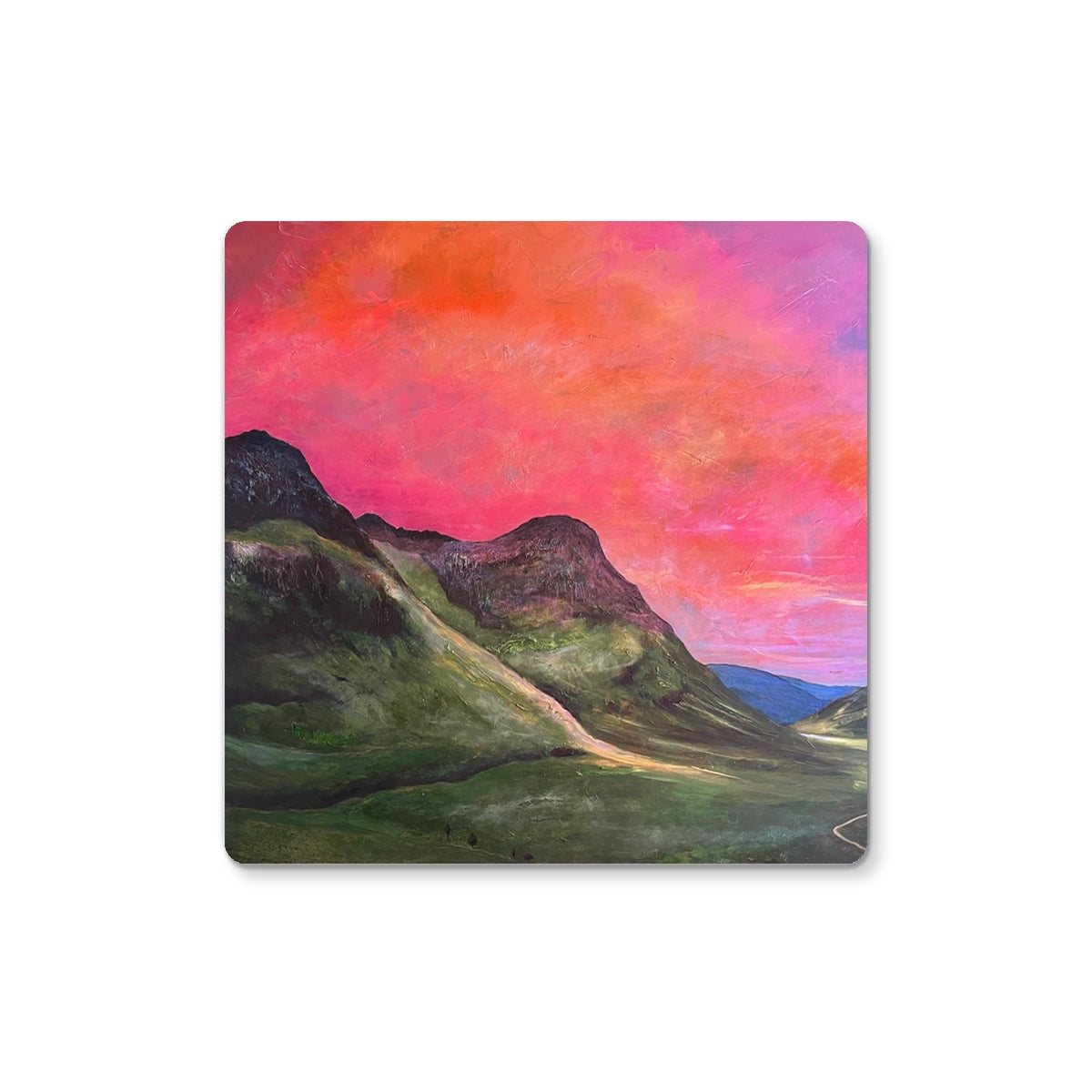 Pink and orange Glencoe Dusk sunset coaster with mountain design