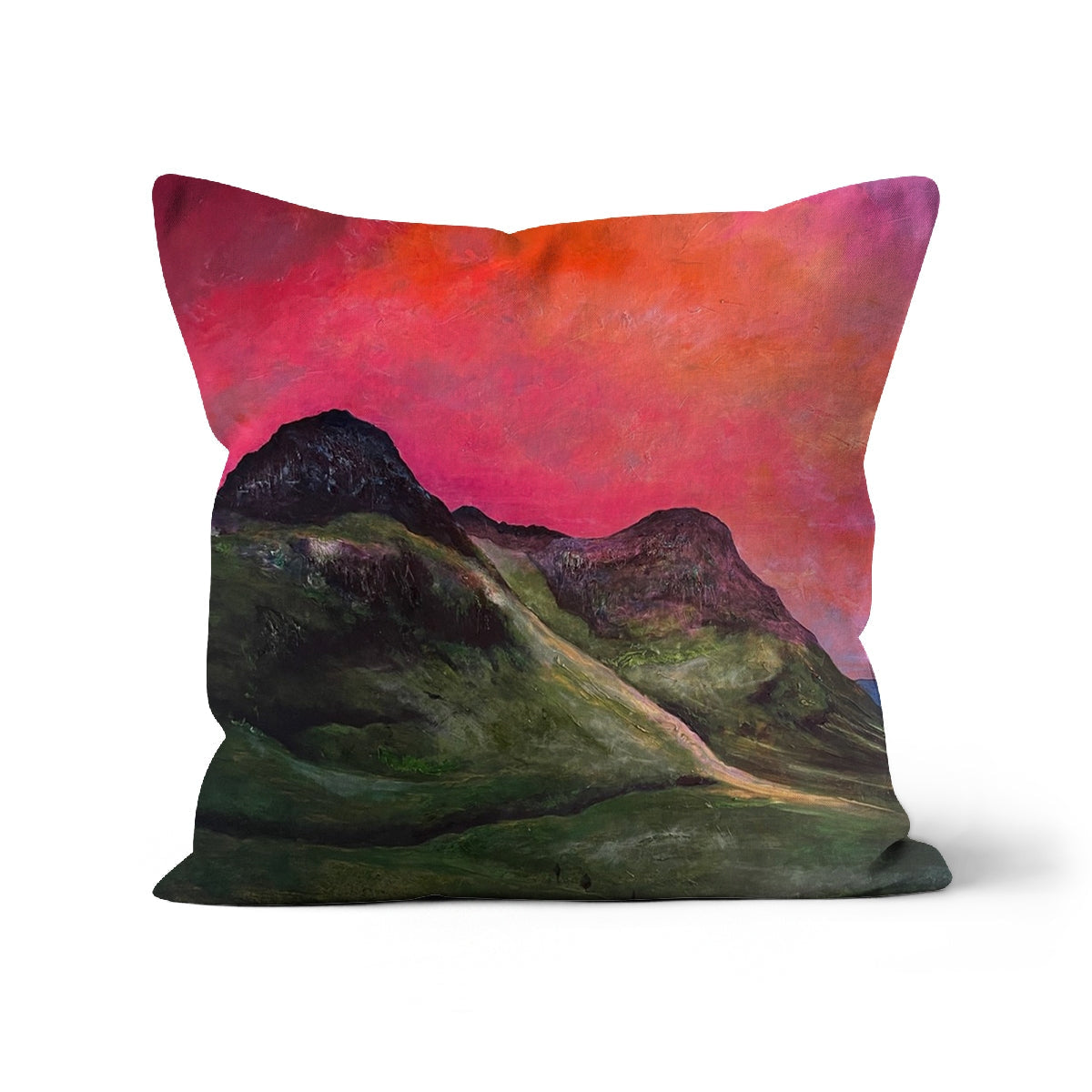Green mountain landscape throw pillow with vibrant pink and orange sunset design on polyester, Into The Glencoe Dusk Cushion