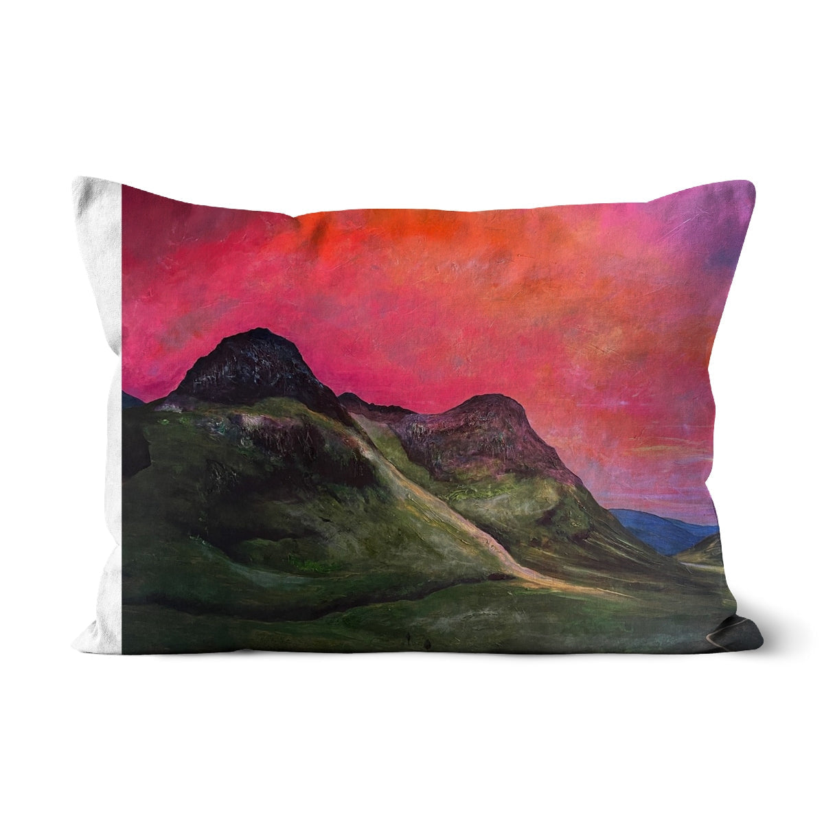 1970s retro Into The Glencoe Dusk Cushion with pink orange sunset and mountain silhouette
