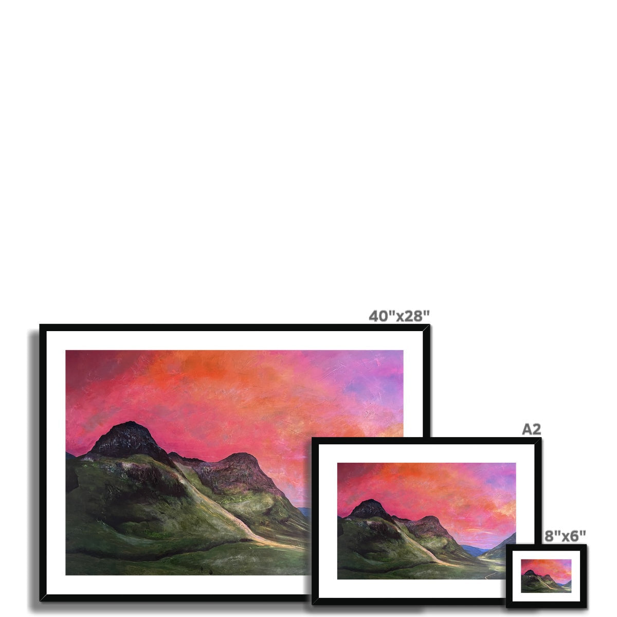 Framed 40x28 Inch Into The Glencoe Dusk Mountain Print With Vibrant Pink Orange Sky And Black Frame