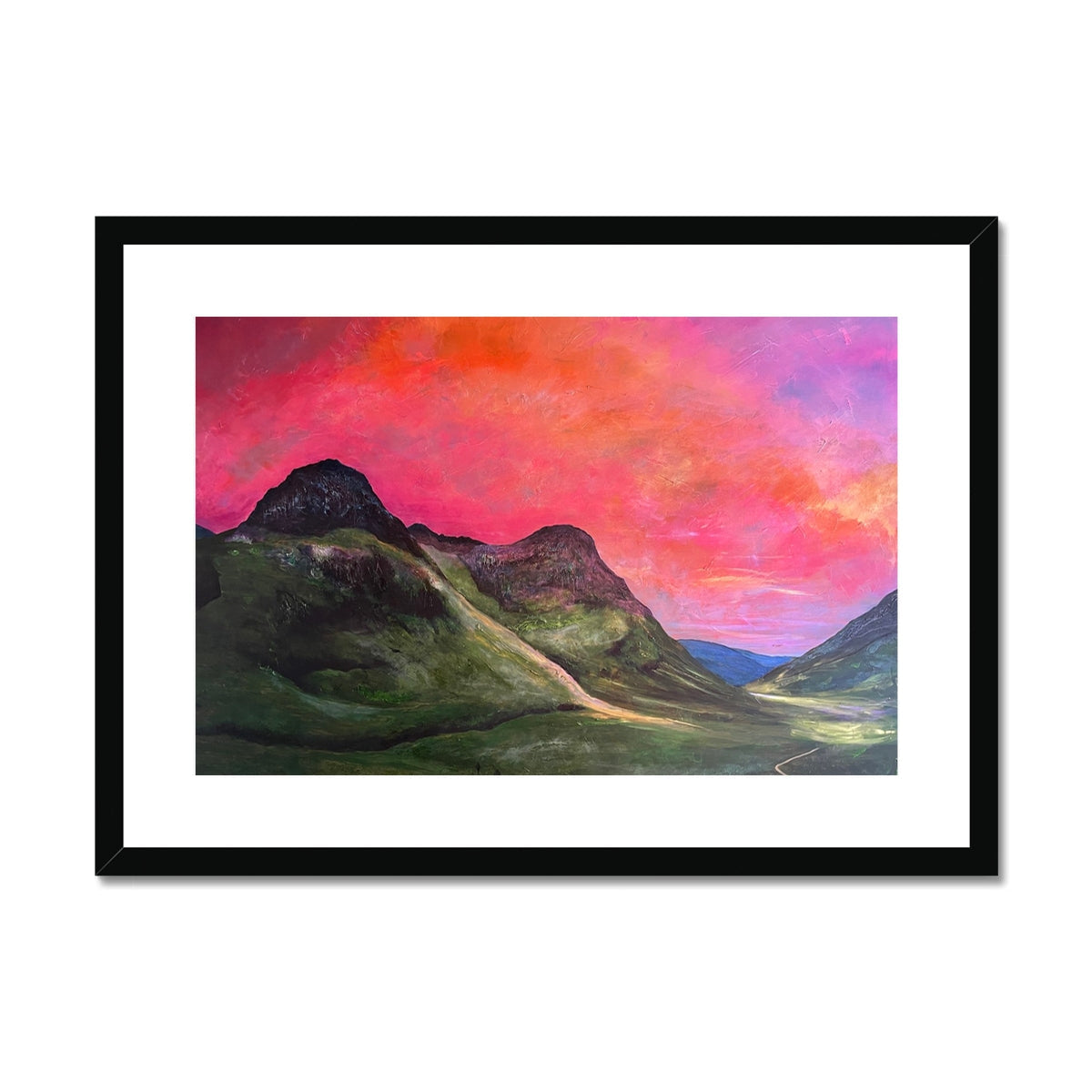 Framed Into The Glencoe Dusk print with pink purple sky and green mountains