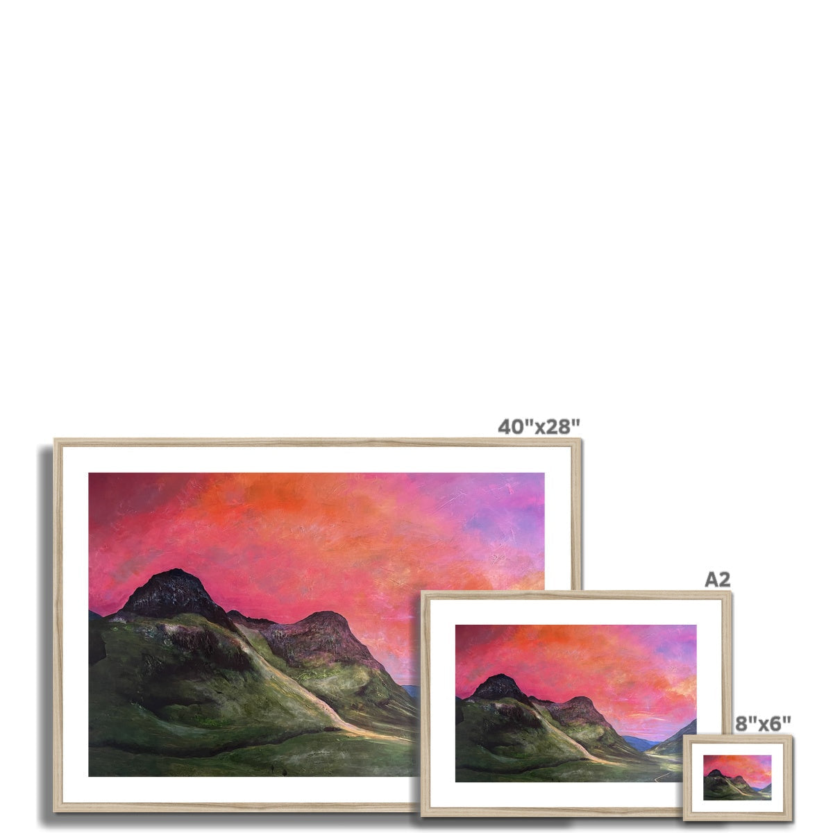 40x28 inch framed Into The Glencoe Dusk print with pink orange sky silver frame