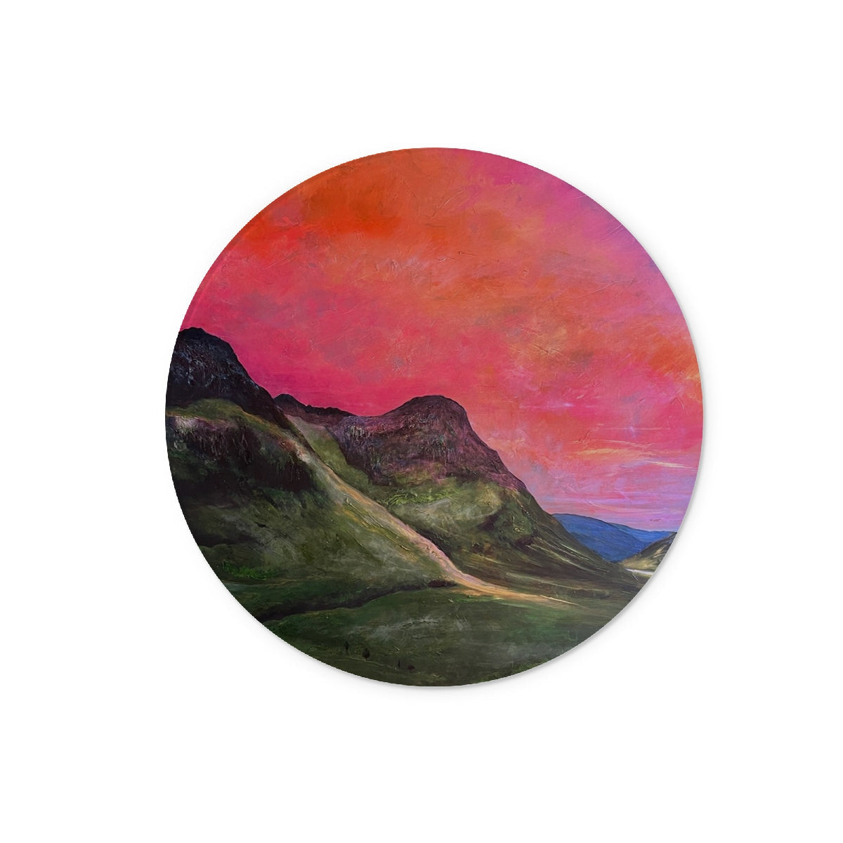 Round Into The Glencoe Dusk mountain landscape sticker on glass chopping board