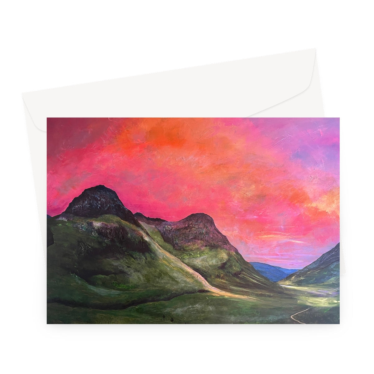 Pink and orange sunset over Glencoe mountains greeting card with envelope