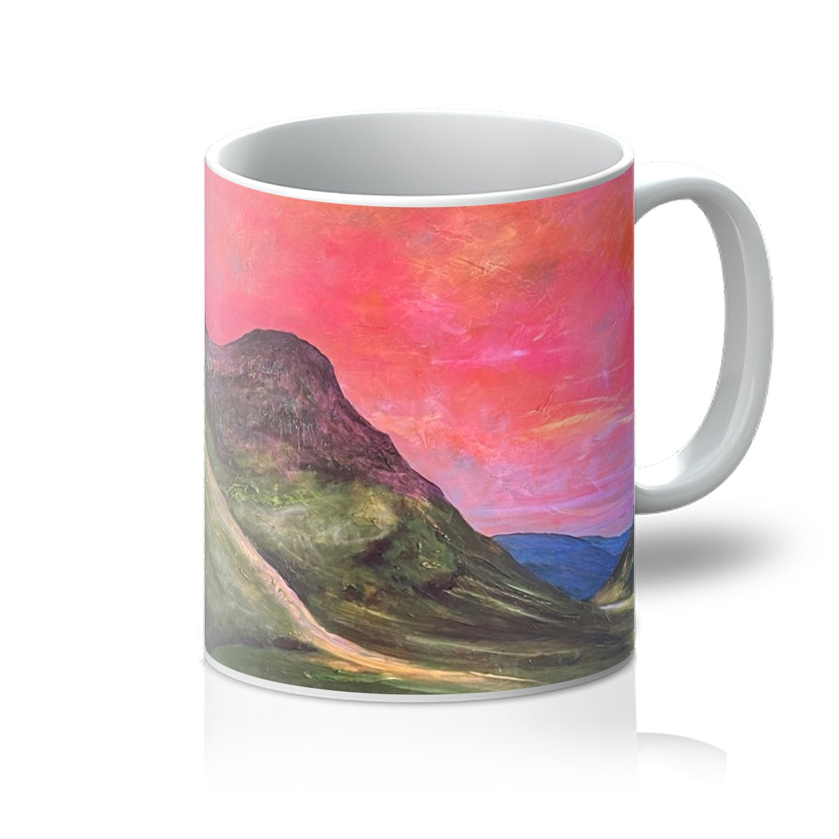 Ceramic Into The Glencoe Dusk Mug with mountain landscape and pink blue sky design