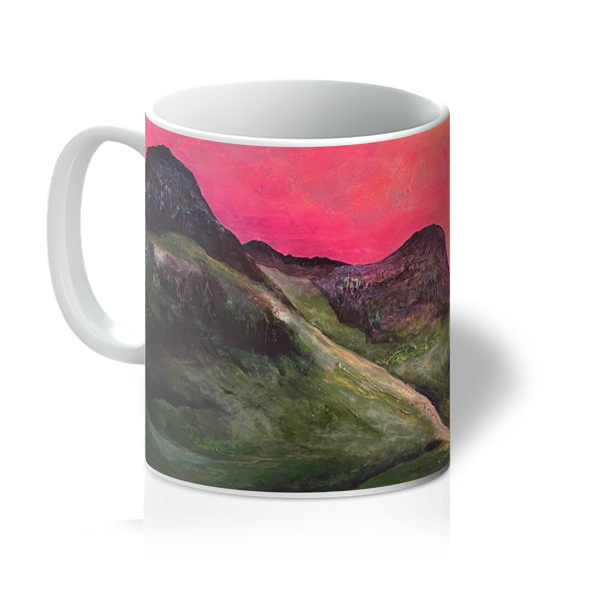 Into The Glencoe Dusk ceramic mug with pink sky and green hills design