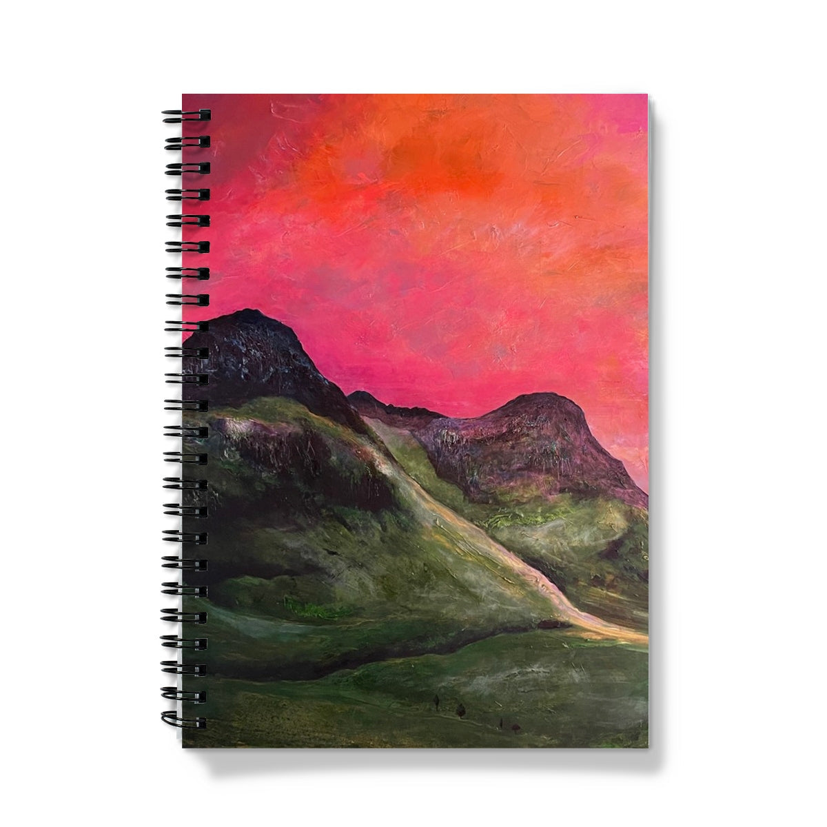 Into The Glencoe Dusk notebook with vibrant pink orange mountain dusk cover
