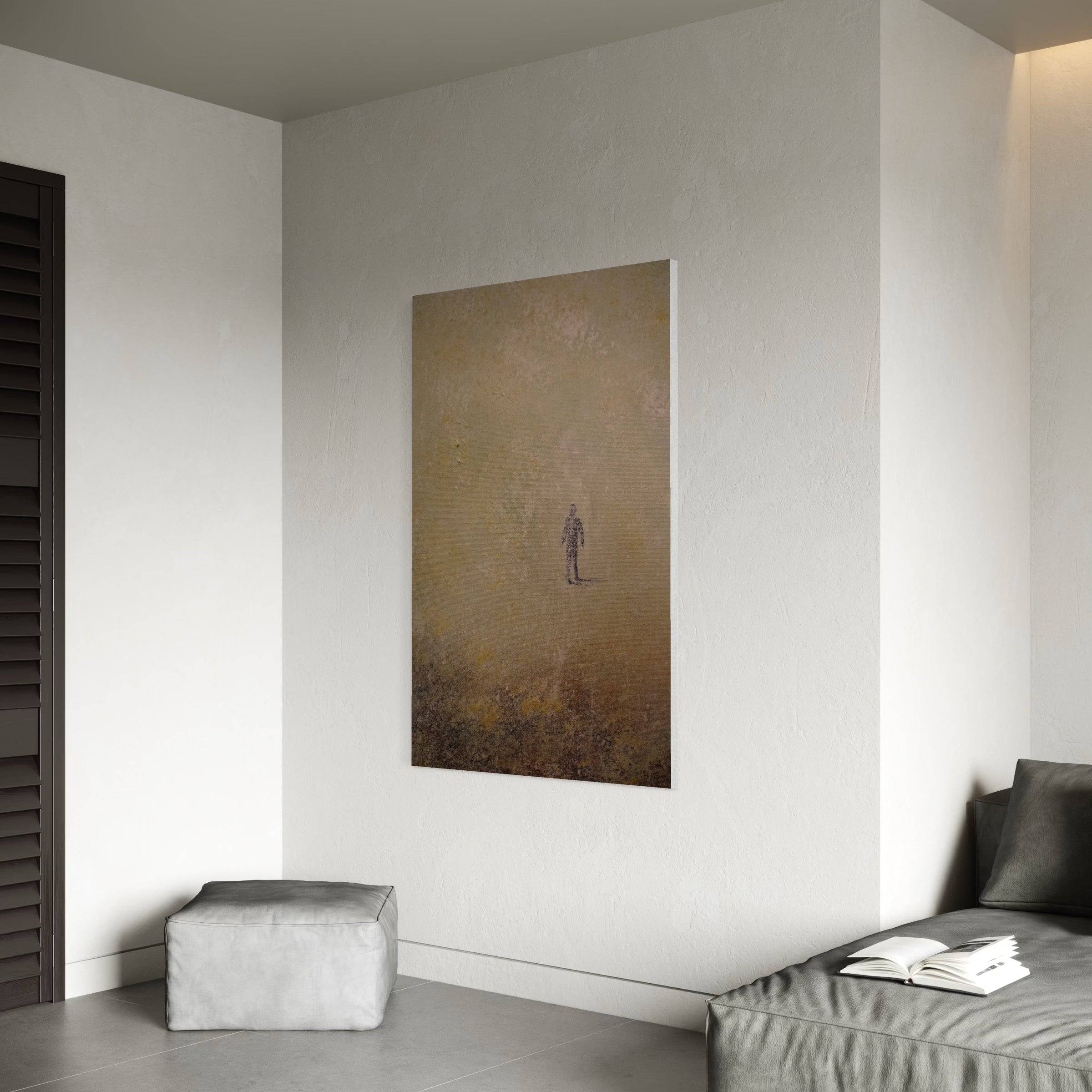 Rectangular Scottish landscape painting with a lone figure in a desolate landscape for wall art