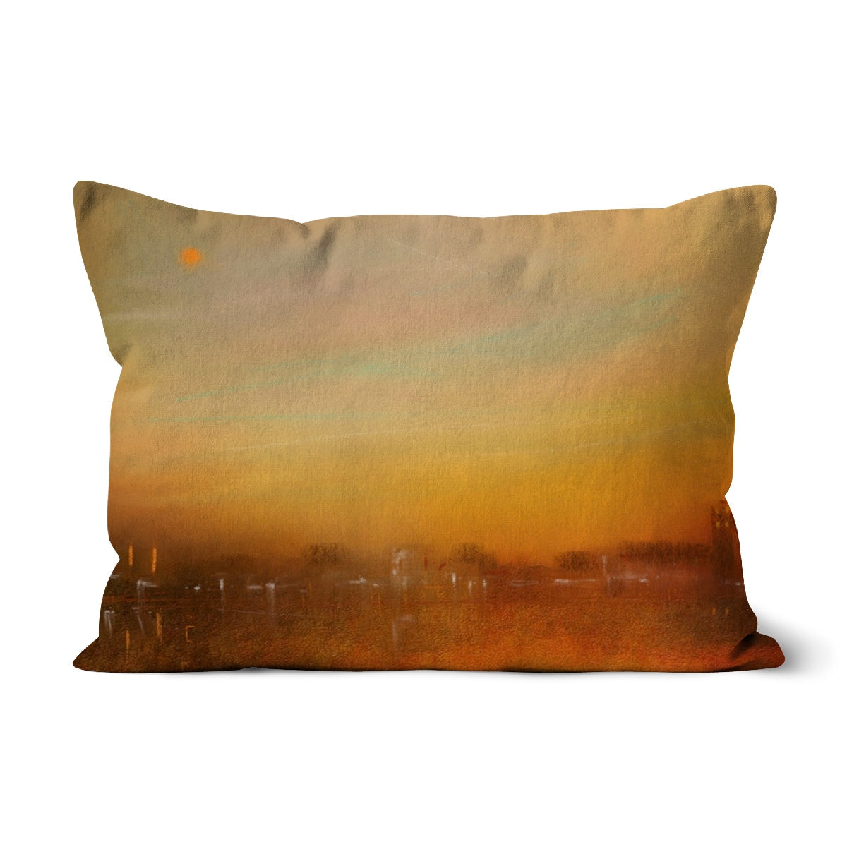 Inveraray Dusk Cushion: beige pillow with abstract sunset in orange, yellow, brown