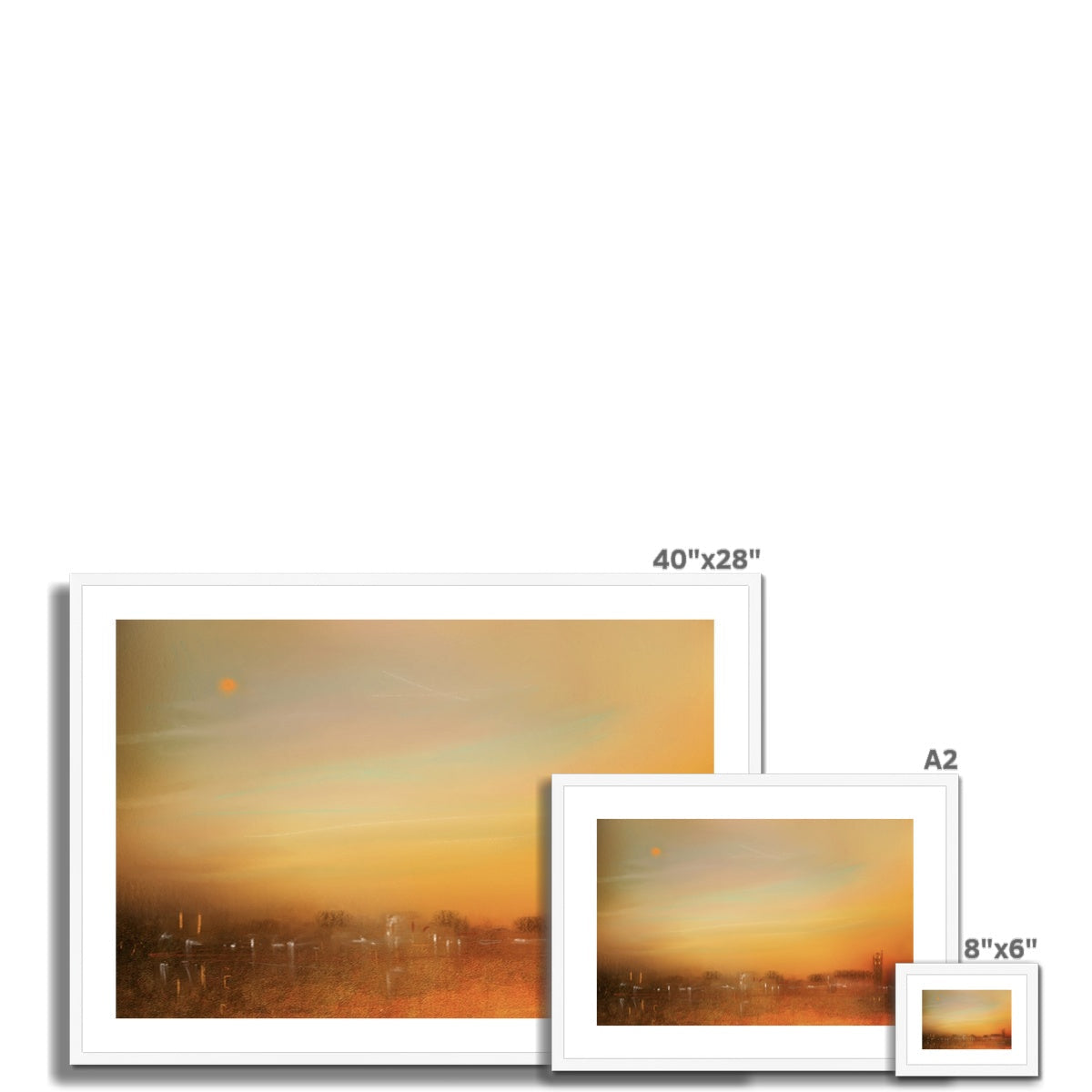 40x28 inch framed Inveraray Dusk abstract art print in warm orange yellow hues