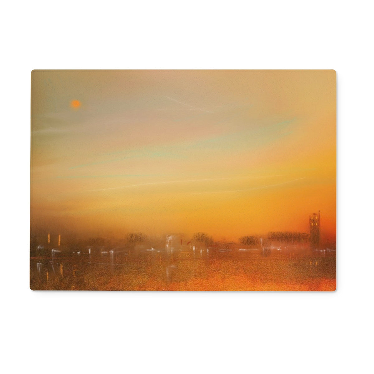 Golden sunset cityscape on Inveraray Dusk Glass Chopping Board