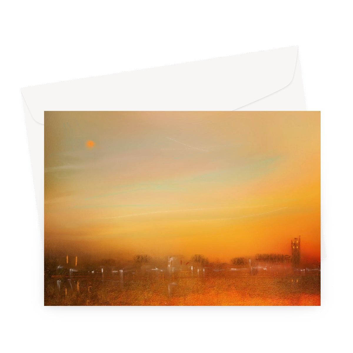 Inveraray Dusk greeting card with orange sunset theme and envelope